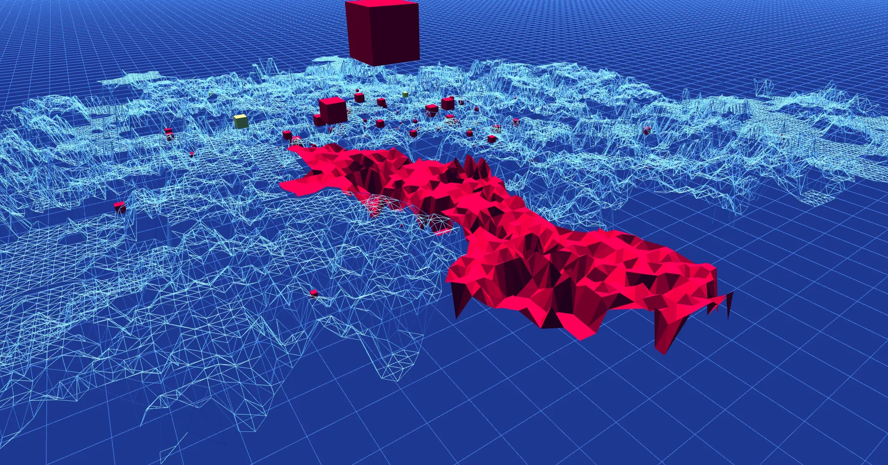 The 3D view as a wireframe: Berlin’s broadband surface drawn in pale-blue lines over a blue grid, one district selected as a solid crimson surface, and red and yellow cubes of social-media activity floating above it