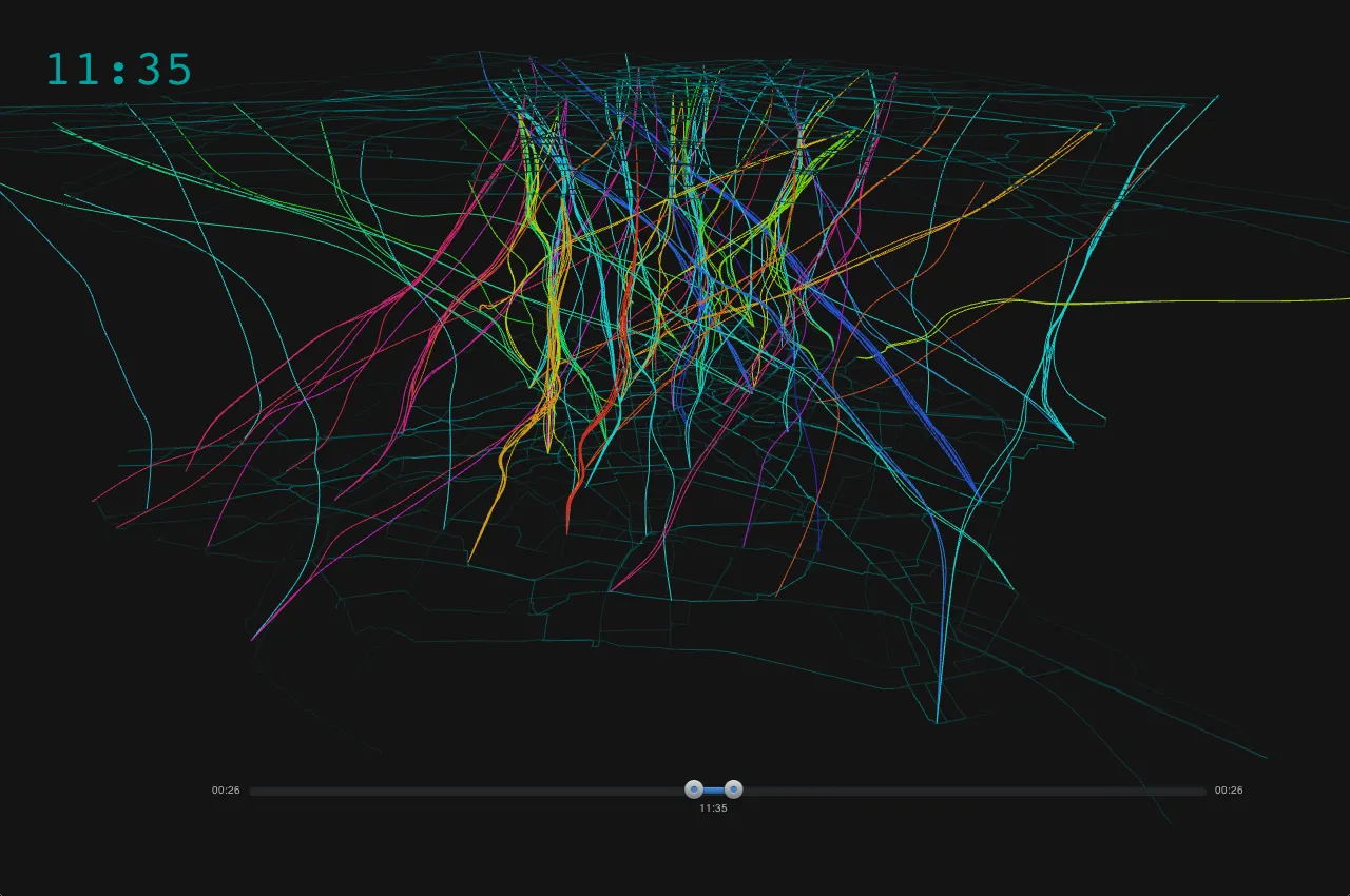 A 3D study on black: bike trips lifted off the street map as curves in pink, magenta, orange, yellow, green, cyan and blue, bundling into vertical strands, with the clock reading 11:35 and a time-range slider below