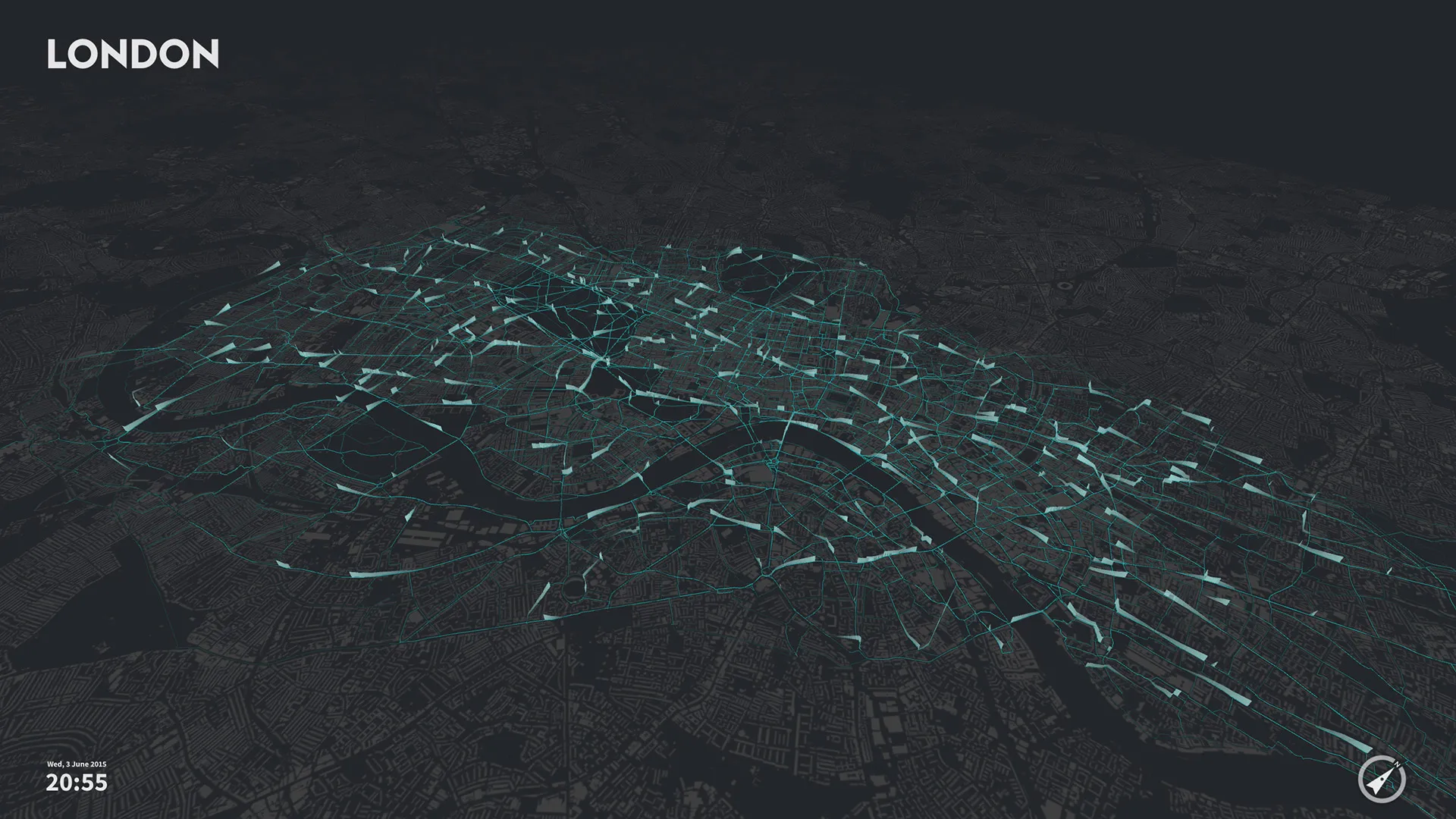 London seen at an angle on a dark building map, threaded with thin cyan paths and short glowing white trails for the bike trips underway at 20:55, the Thames winding dark through the middle