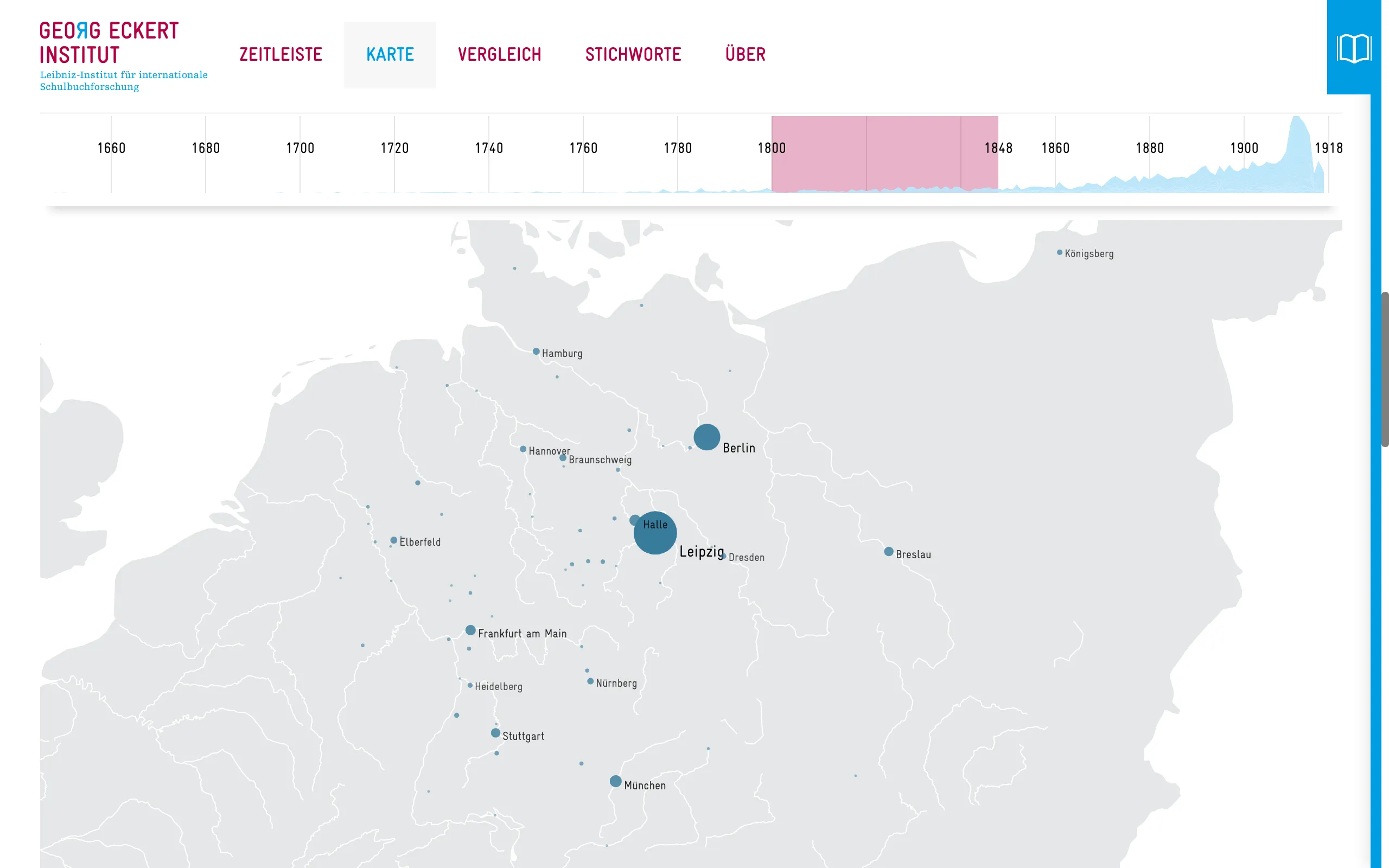 Map view of GEI-Digital Visualized: publishing places as blue circles sized by number of books on a borderless map of Central Europe drawn only with rivers and coastlines, Leipzig and Berlin the largest, under the collapsed timeline widget with 1800 to 1848 selected