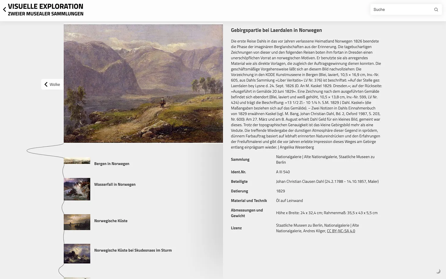 The path view: Johan Christian Clausen Dahl’s »Gebirgspartie bei Laerdalen in Norwegen« (1829) with its description and catalog data, and a thread winding down to similar paintings such as »Bergen in Norwegen«, »Wasserfall in Norwegen« and »Norwegische Küste«.