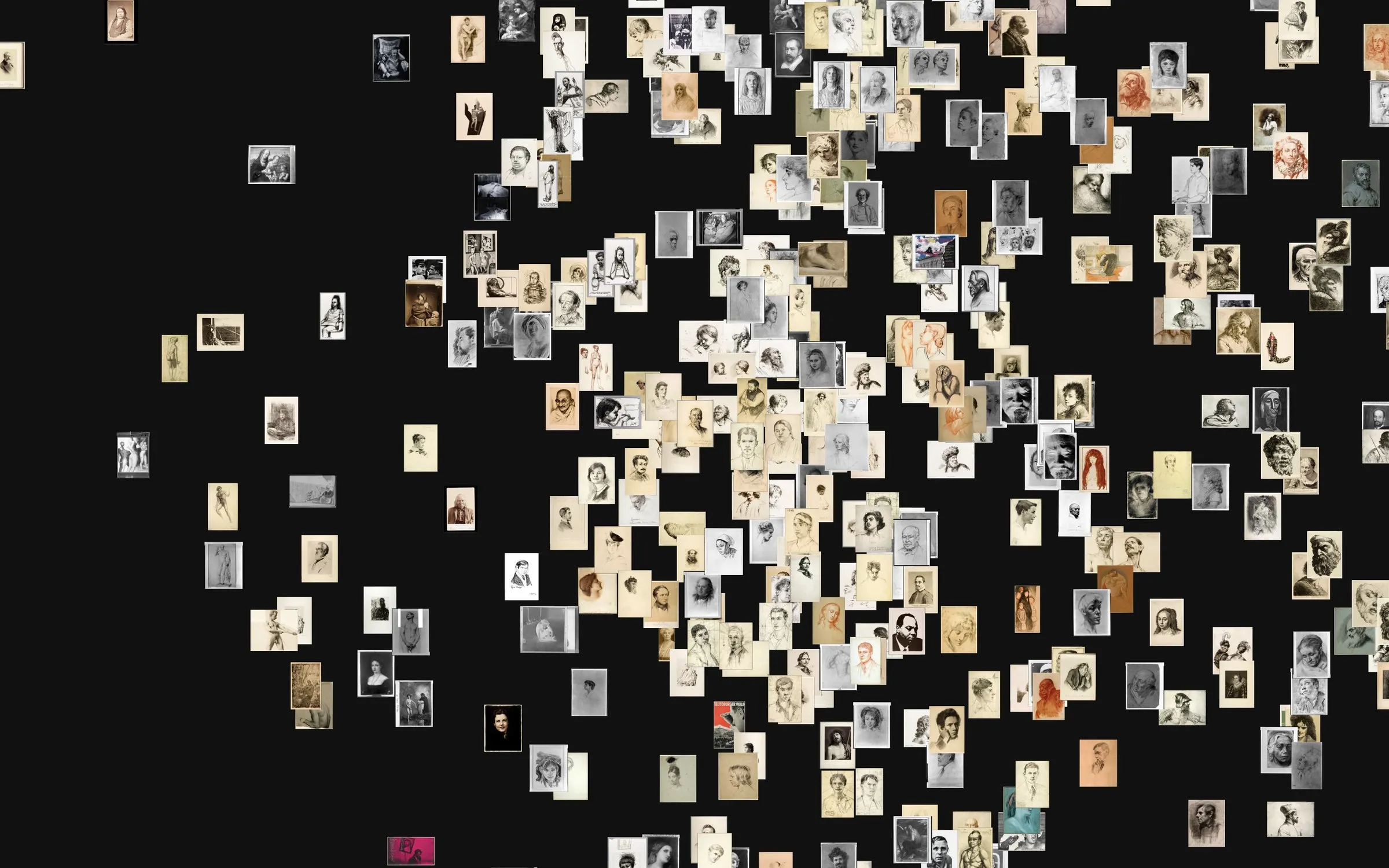 A zoomed-in view of the PixPlot map on a black background: hundreds of small thumbnails of hand-drawn and photographed portrait heads from the Harvard Art Museums, grouped together by visual similarity, with drawn portraits of Mahatma Gandhi and Albert Einstein among them, left of center