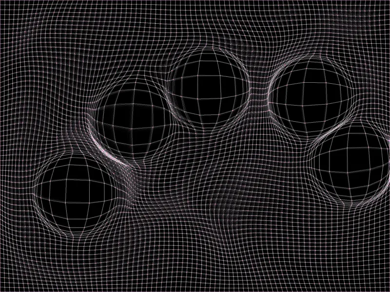 An early test of the net: a fine white grid on black, bulged by five round, lens-like distortions at once