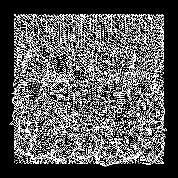 A similar deformation shown as a bare white triangle wireframe on black, its lower half scalloped into overlapping bulges