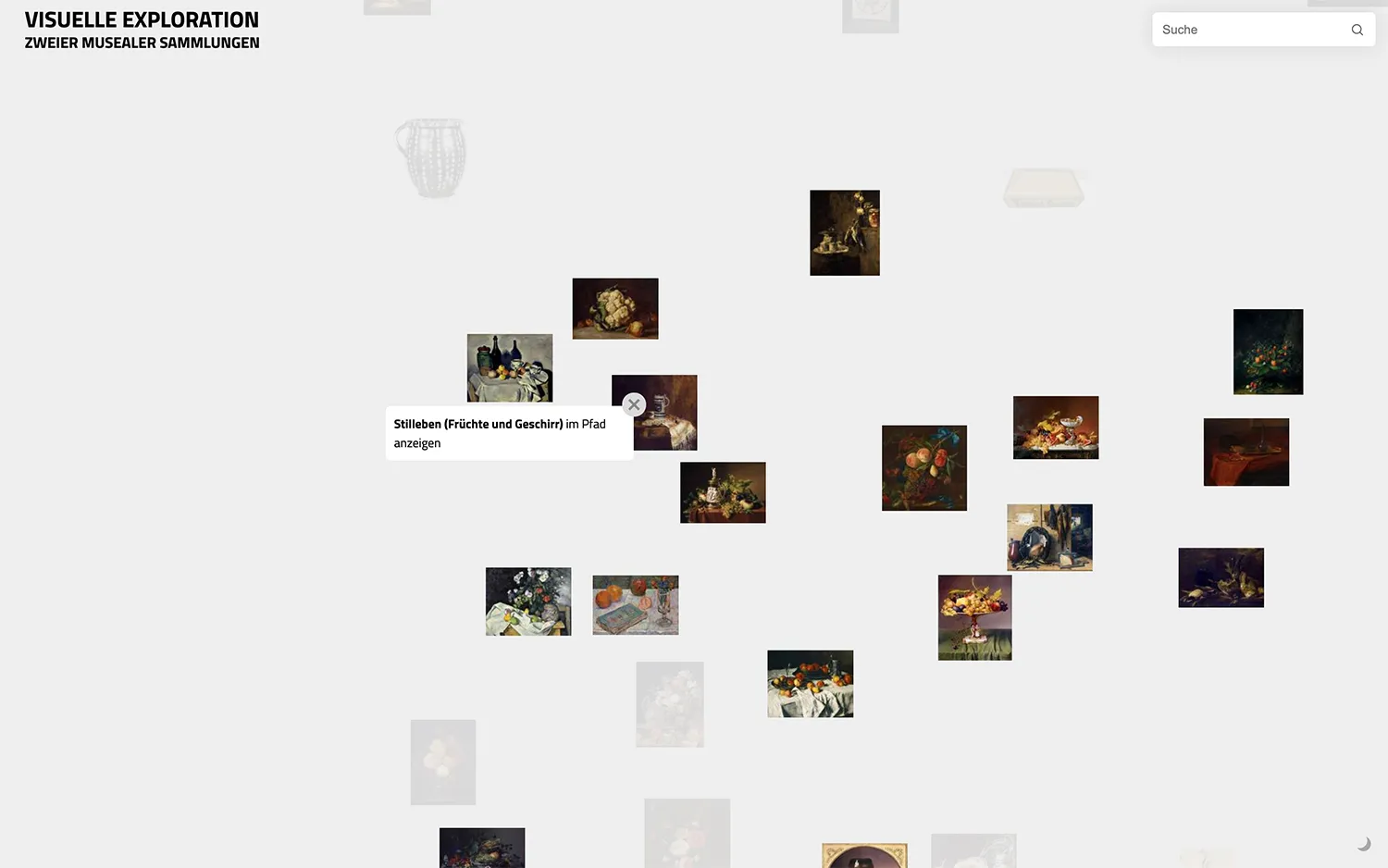 Zoomed into the cloud: painted still lifes of fruit, flowers and tableware gather on a pale grey canvas while unrelated objects fade out around them, one with a tooltip offering to show »Stilleben (Früchte und Geschirr)« in the path.